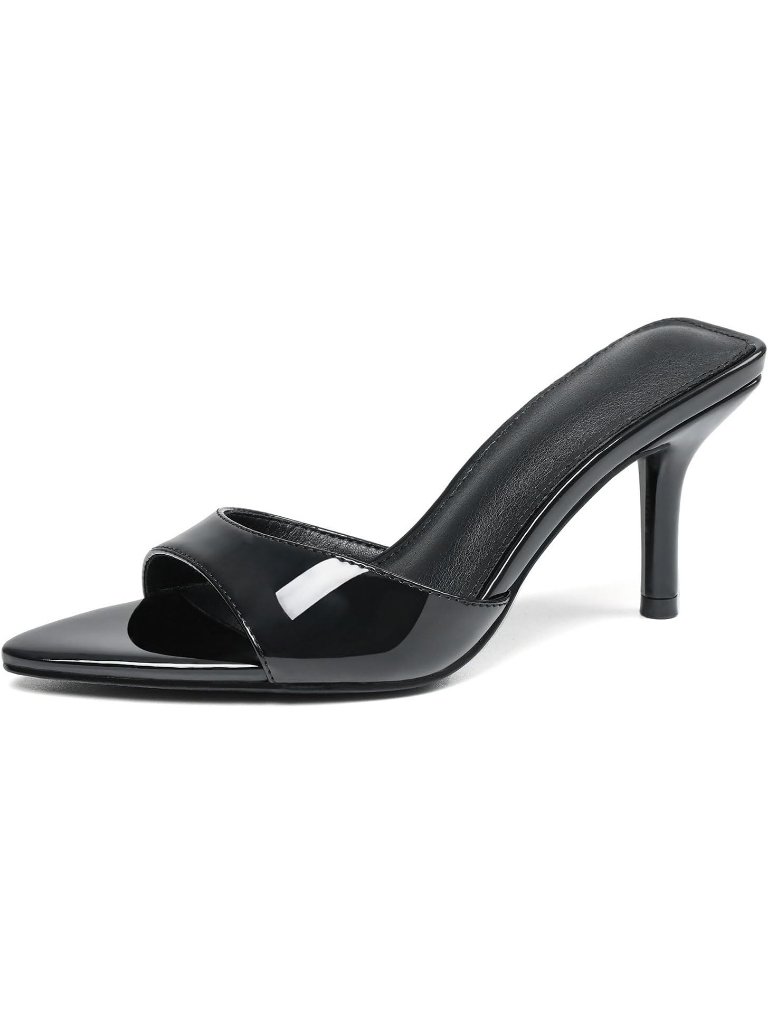 Women Patent Black Faux Leather Pointed Open Peep Toe Backless Summer High Heel